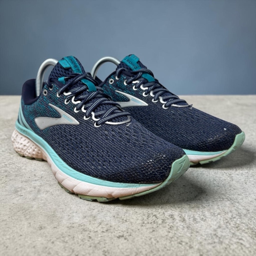 Brooks Ghost 11 Running Shoes Womens 8 Navy Blue Aqua Mesh Sneakers 1202771B411